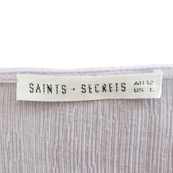 Saints + Secrets Long Sleeve Deep V Tie Front Ruffle Mini Dress, Violet, L - Picture 9 of 12